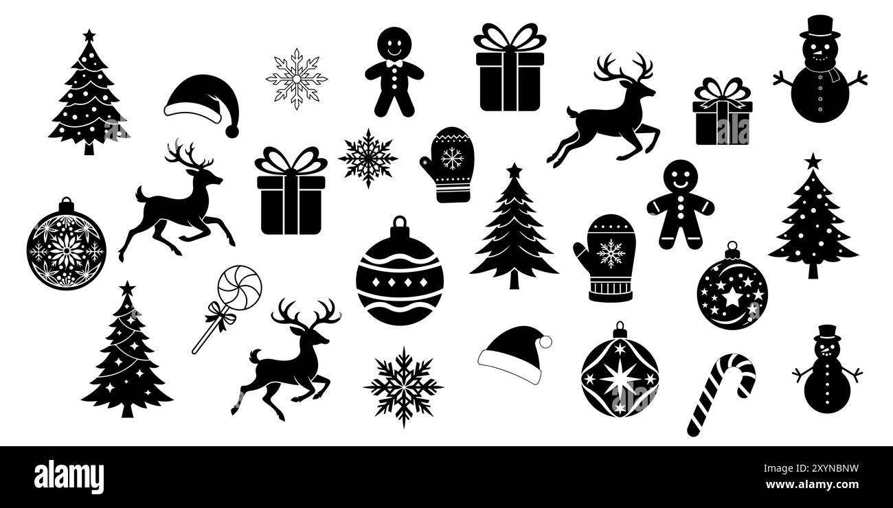 Großes Set aus Wintersilhouette schwarz, umrissen. Weihnachtsbaum, Rentier, Ornamente, Lebkuchen, Schneeflocke auf weißem Hintergrund. Isoliert Stock Vektor