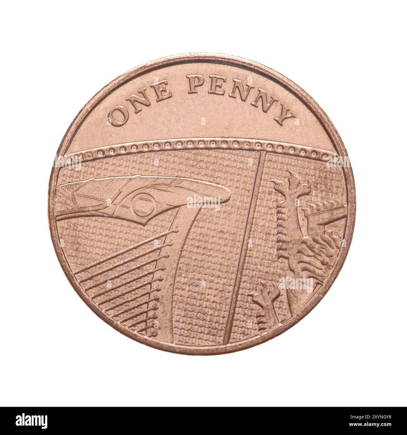 British One Penny Coin. Isoliert auf weißem Hintergrund Stockfoto