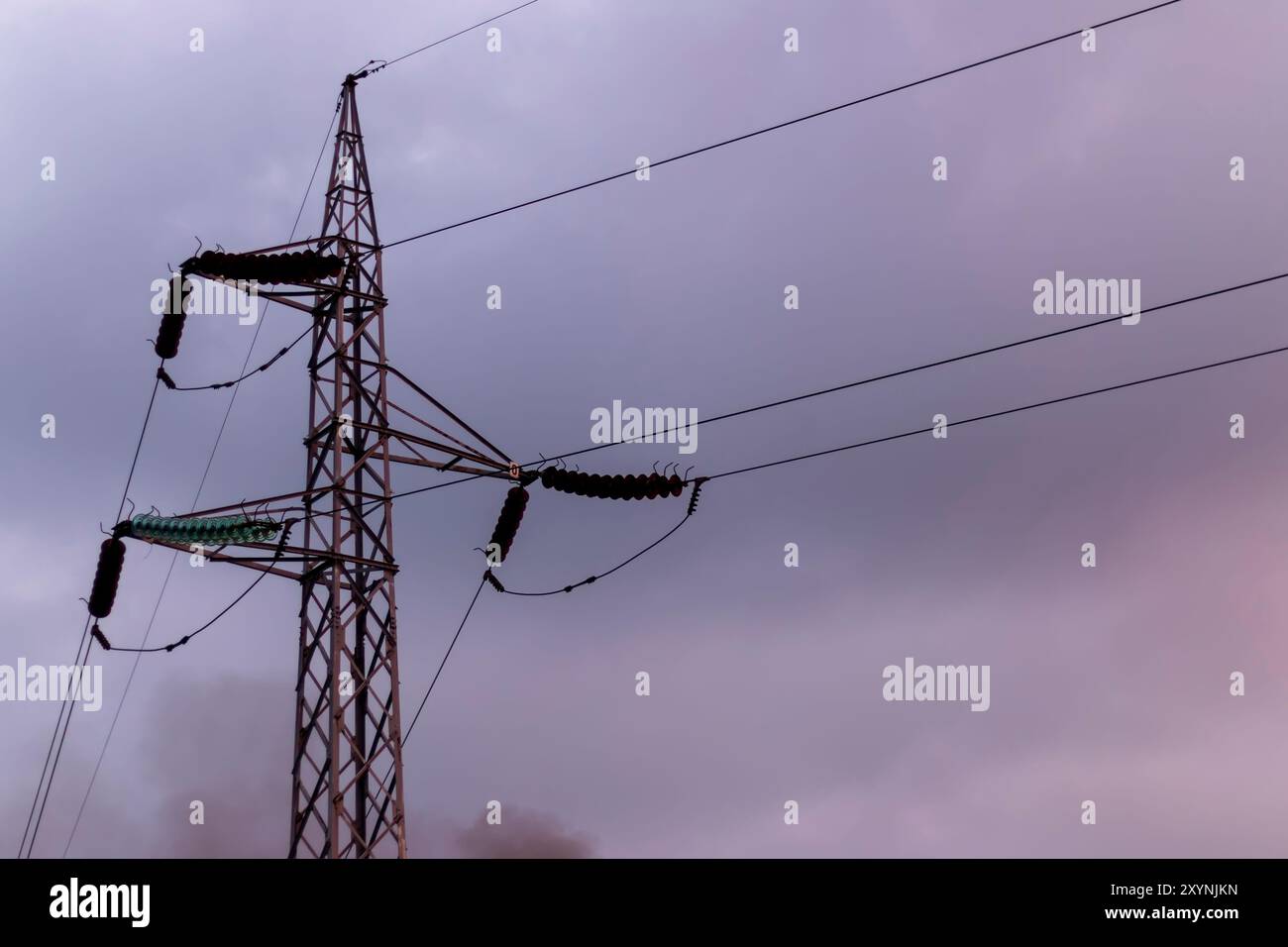 Hochspannungsleitungen. In Zukunft - ​​scarcity der Elektrizität. Wegen der hohen Preise haben verzweifelte Menschen kein Geld für Strom Stockfoto