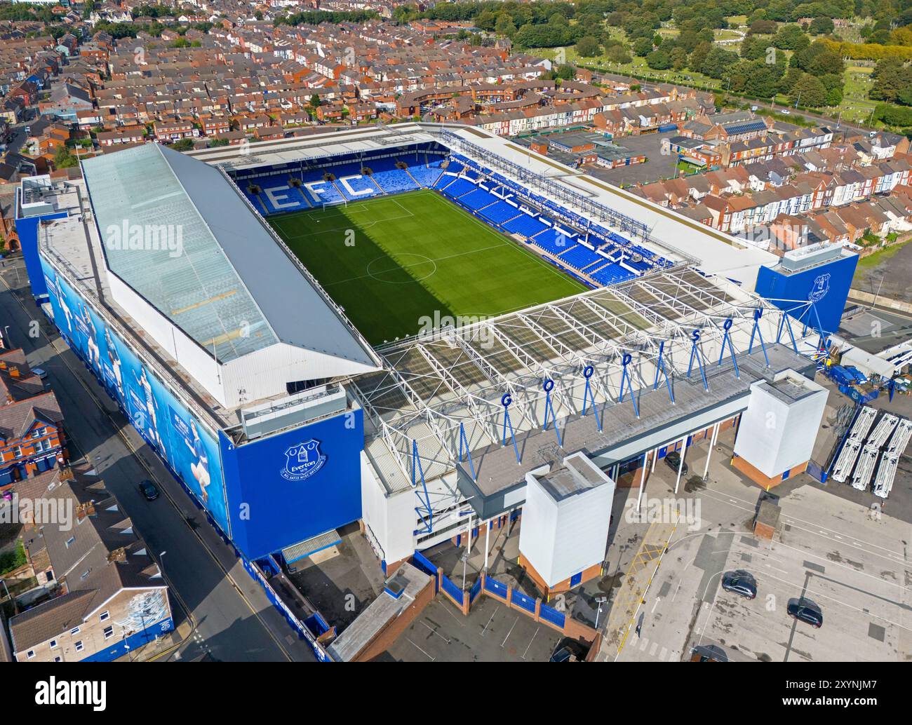 Everton Football Club, Goodison Park Stadium. Luftbild. August 2024. Stockfoto