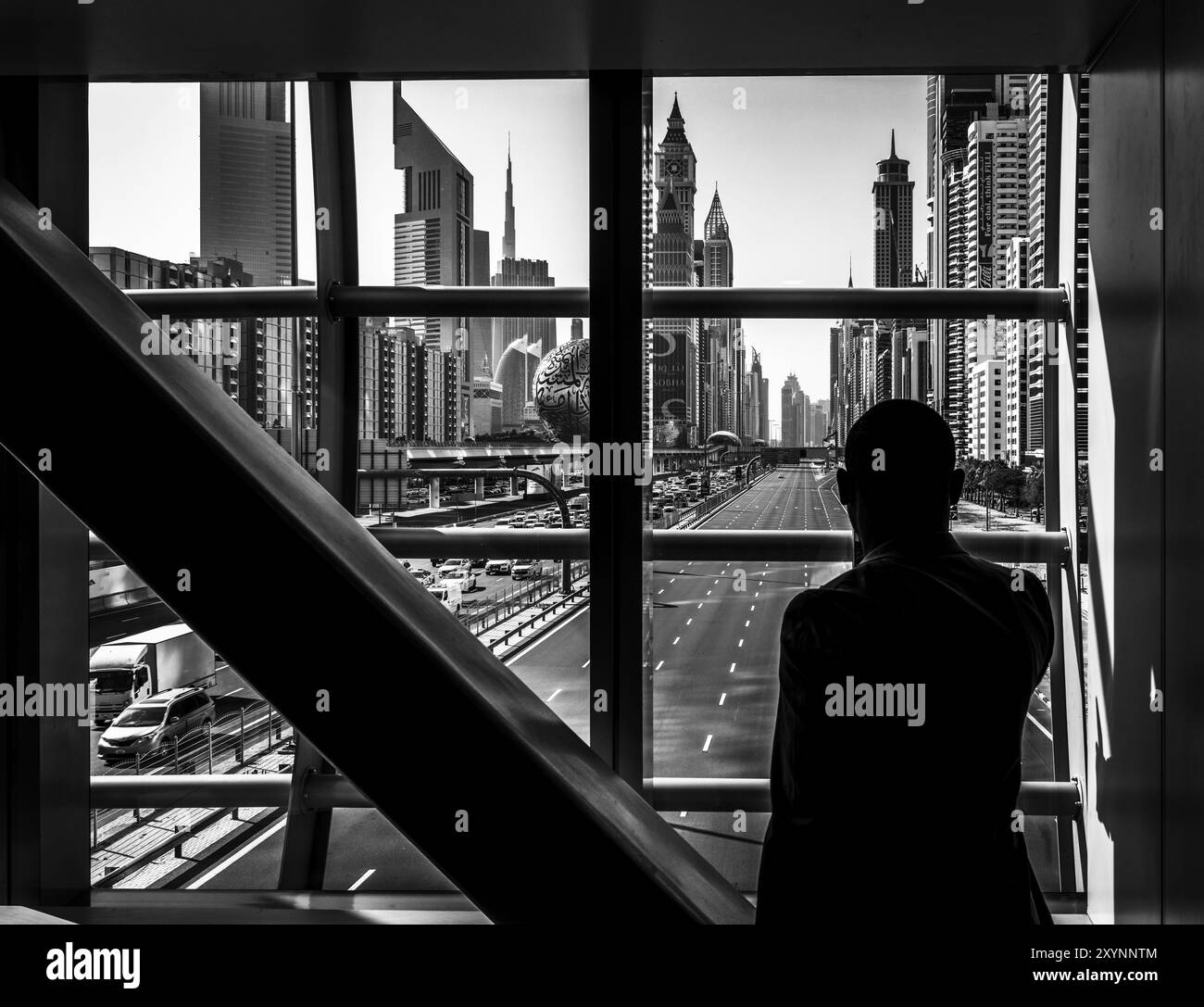 Schwarzweiß-Fotografie, U-Bahnhöfe und Bahnhöfe, Dubai, Vereinigte Arabische Emirate, Naher Osten, Asien Stockfoto