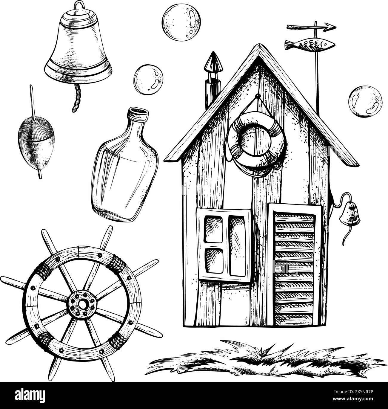 Fischerhütte gestreift, Holz mit Schiffsrad, Angelschwader, Flasche Rum, Schiffsglocke, Gras und Bläschen. Grafische Strichgrafik, handgezeichnet in Schwarz Stock Vektor