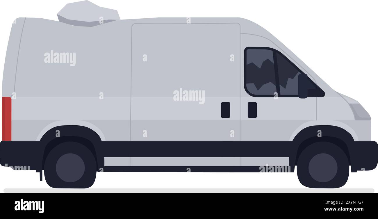Zertrümmerter Van, der von einem Felsen, einer Fahrzeugversicherung und einem Notfalldienstkonzept getroffen wurde Stock Vektor