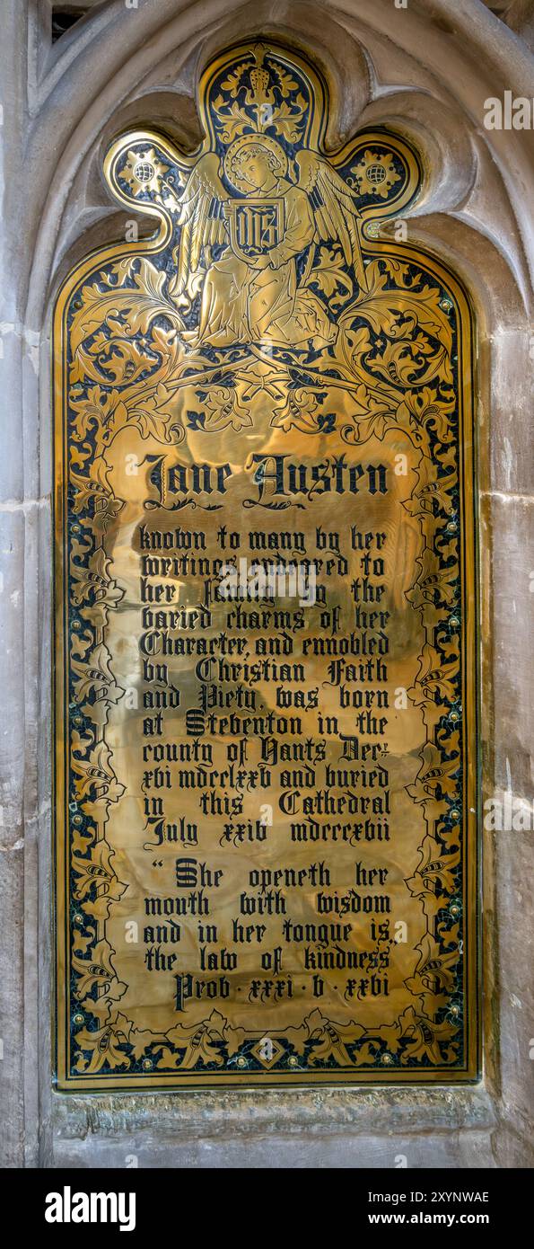 Gedenktafel an Jane Austen in Winchester Cathedral, Winchester, Hampshire, England, Großbritannien Stockfoto