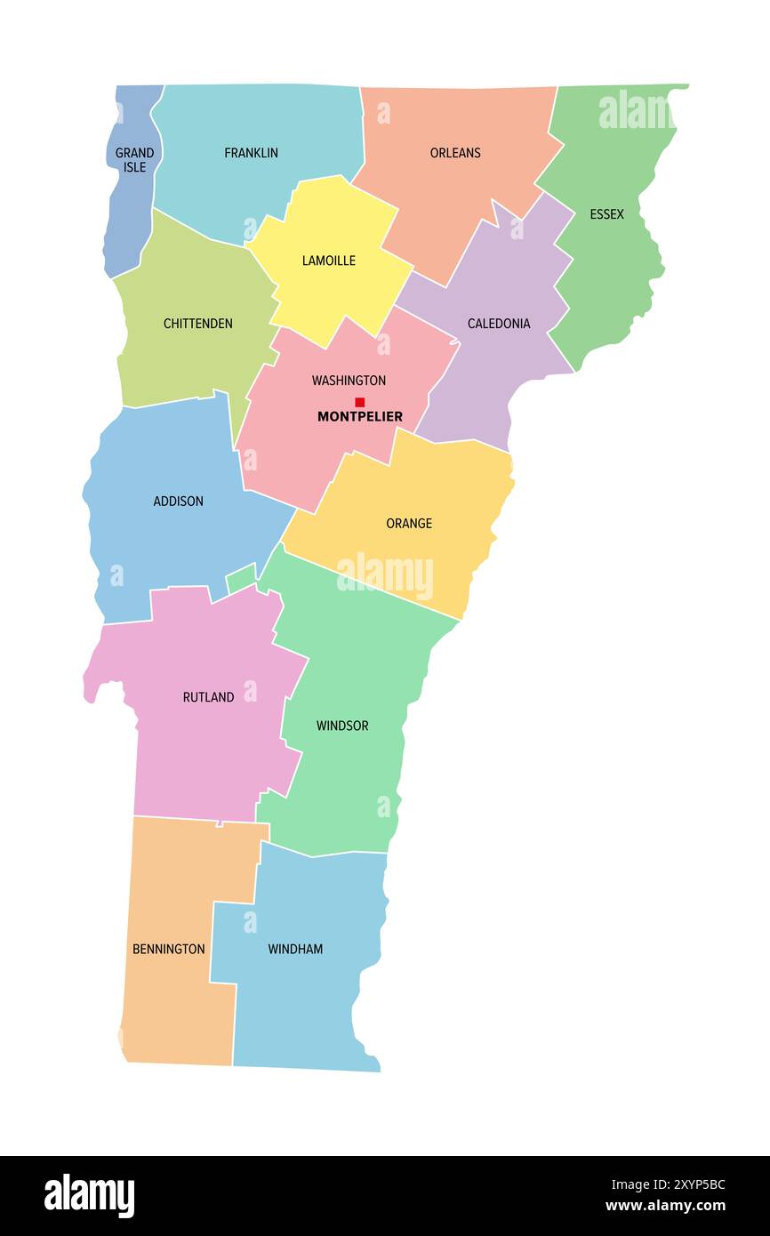 Vermont, US-Bundesstaat, unterteilt in 14 Countys, mehrfarbige politische Karte mit Hauptstadt Montpelier, Grenzen und County-Namen. Stockfoto