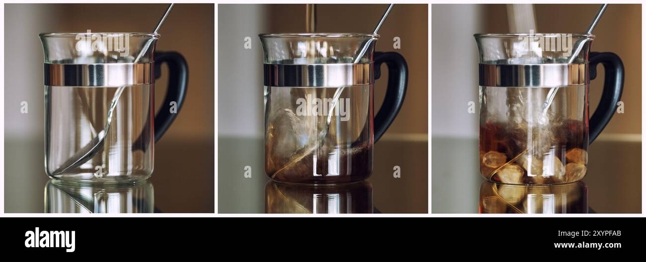 Serie von 3 Teegläsern, leer, beim Ausgießen, beim Zuckern Stockfoto