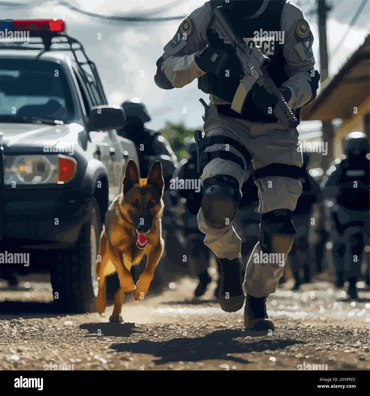 Verschiedene Rollen des Polizeihundes bei der Strafverfolgung. Stock Vektor
