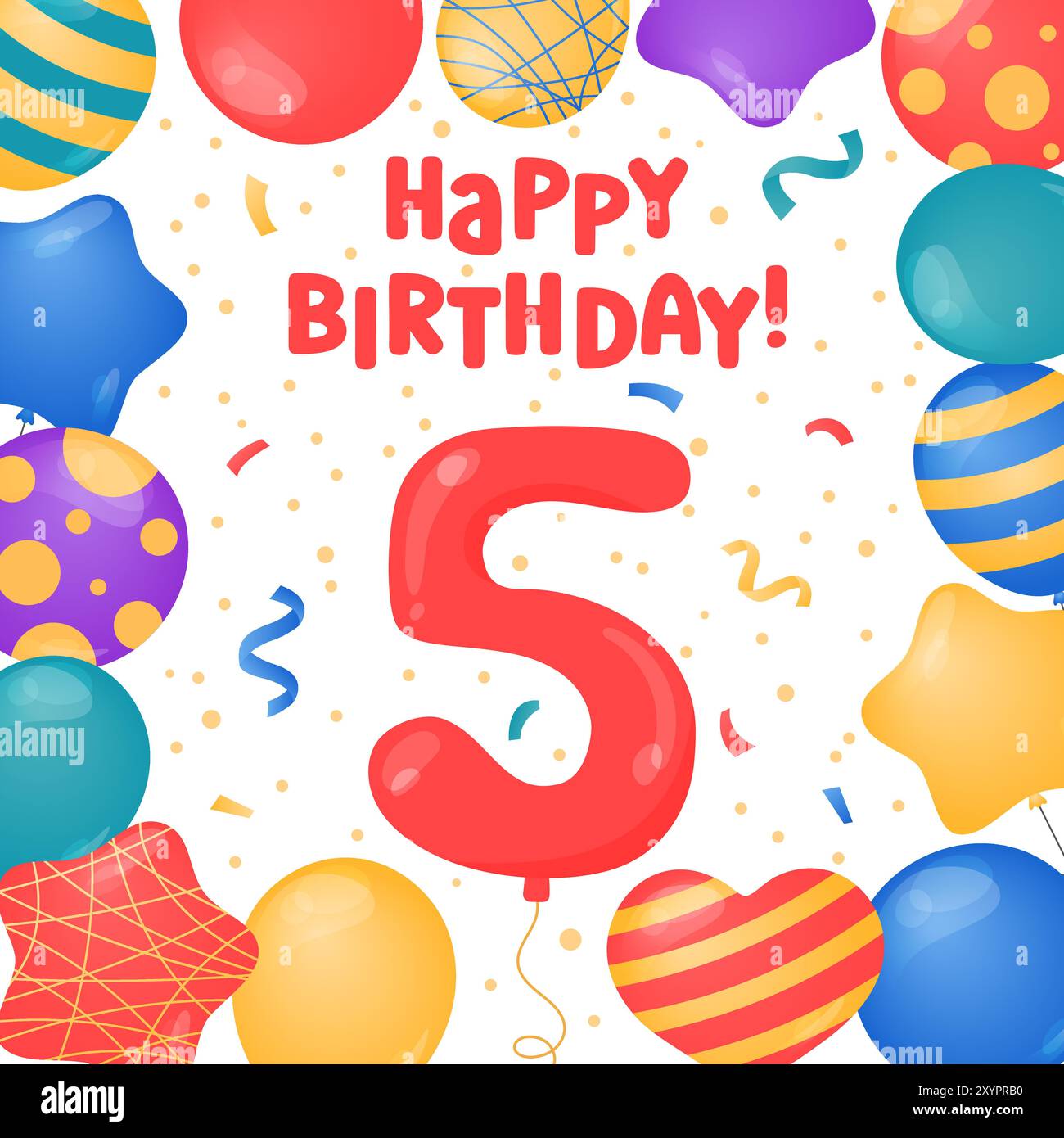 „Happy Birthday 5 Years“-Kartendesign. Fünftes Geburtstagsfest. Vektorabbildung. Vorlage für Grußkarten. Heliumballons, Konfetti, Nummer fi Stock Vektor