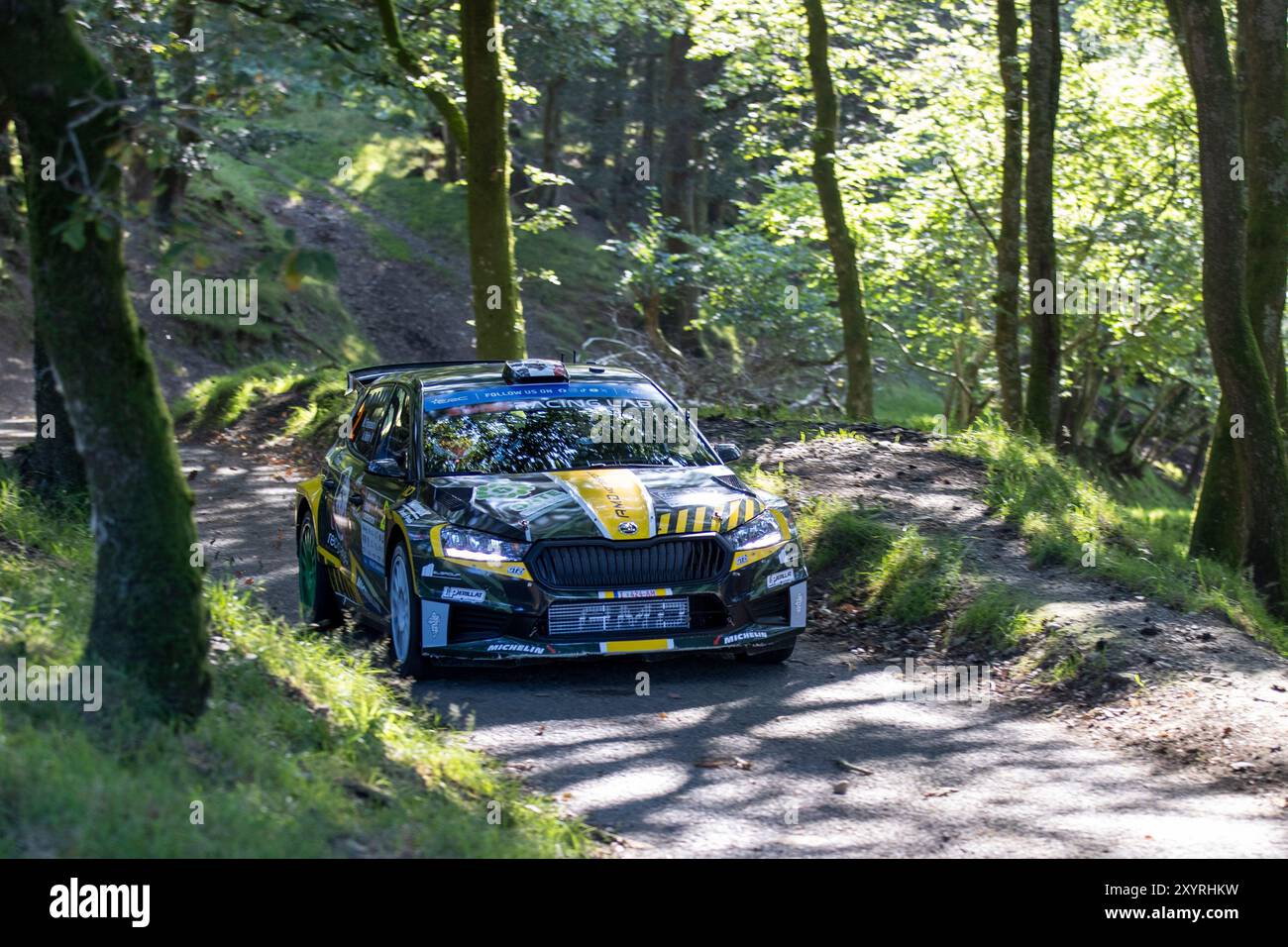 Aberystwyth, Dyfed, Großbritannien. 30. August 2024. 2024 FIA Rallye-Europameisterschaft Tag 1; Fahrer Mathieu Franceschi und Beifahrer Andy Malfoy in ihrem Skoda Fabia RS während des Rallye-Shakedown Credit: Action Plus Sports/Alamy Live News Stockfoto