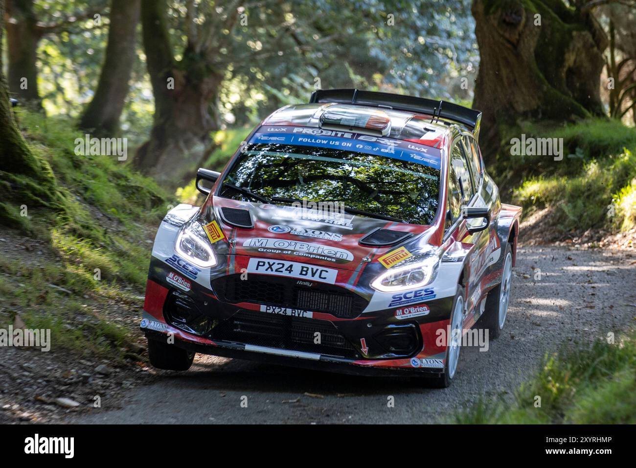 Aberystwyth, Dyfed, Großbritannien. 30. August 2024. 2024 FIA European Rally Championship Day 1; Fahrer Keith Cronin und Beifahrer Mikie Galvin in ihrem Ford Fiesta Mk II während der Rallye Shakedown Credit: Action Plus Sports/Alamy Live News Stockfoto