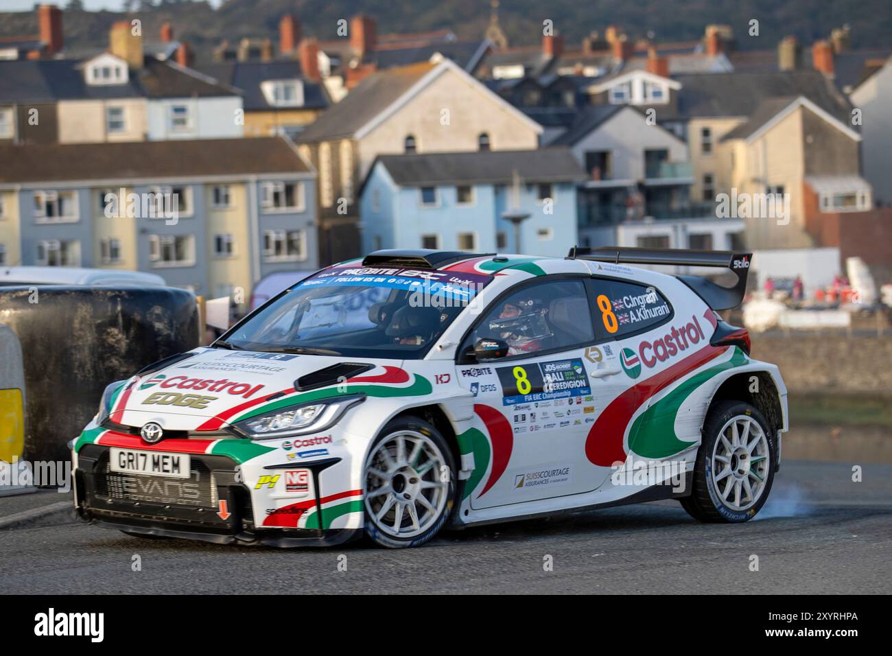 Aberystwyth, Dyfed, Großbritannien. 30. August 2024. 2024 FIA Rallye-Europameisterschaft Tag 1; Fahrer Christopher Ingram und Beifahrer Alex Kihurani in ihrem Toyota GR Yaris gehen in Aberystwyth in die 1. Und 2. Rallye-Runde Stockfoto