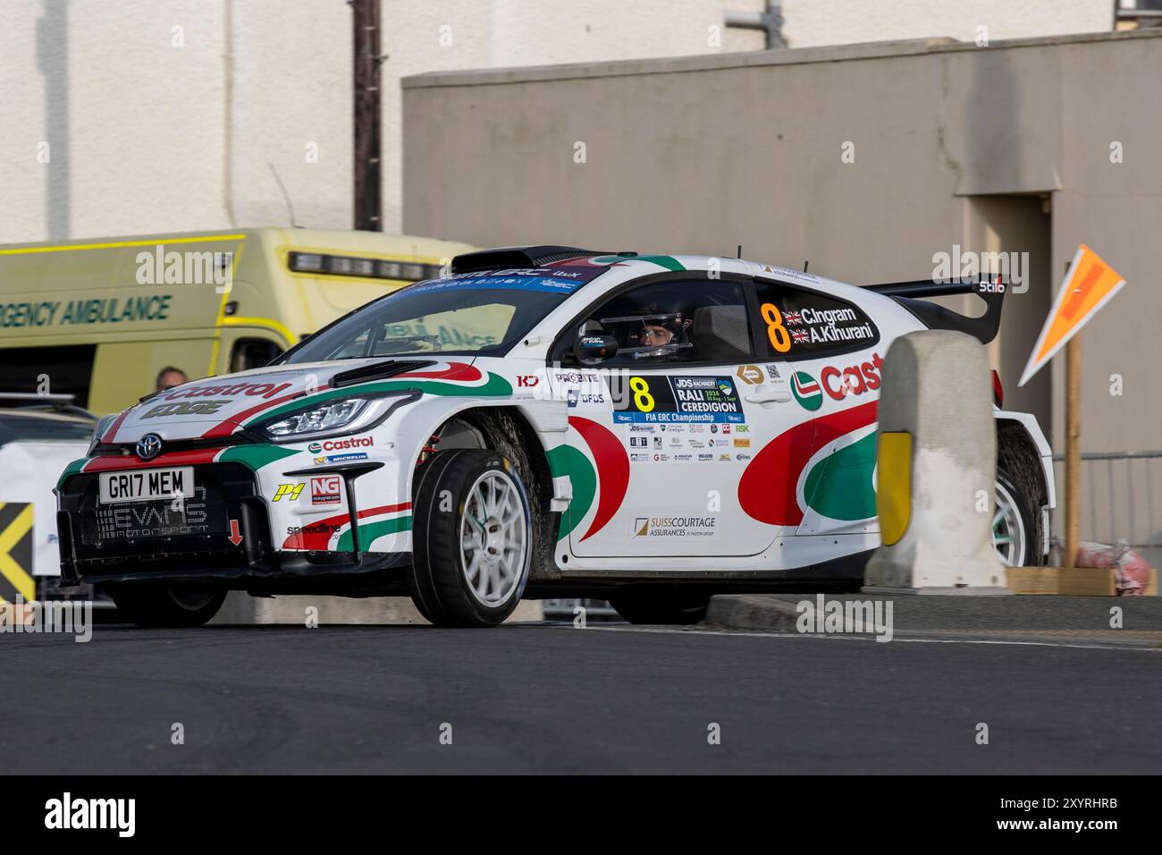 Aberystwyth, Dyfed, Großbritannien. 30. August 2024. 2024 FIA Rallye-Europameisterschaft Tag 1; Fahrer Christopher Ingram und Beifahrer Alex Kihurani in ihrem Toyota GR Yaris gehen in Aberystwyth in die 1. Und 2. Rallye-Runde Stockfoto