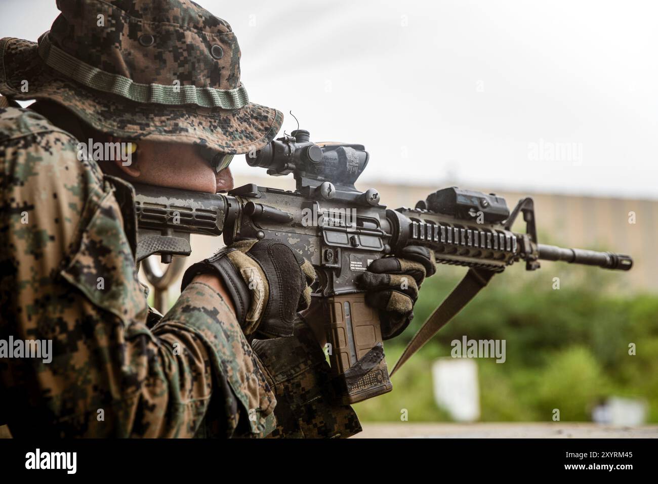 Johnathan Ramirez, Amphibious Combat Vehicle Crewman, Alpha Company, Battalion Landing Team 1/5, 15th Marine Expeditionary Unit, und ein gebürtiger Kaliforniens, feuerte einen M4-Karabiner während eines Live-Feuers mit den Marines der Republik Korea in Segyeh-ri, Südkorea, am 21. August 2024. Die integrierte Ausbildung zwischen den beiden Ländern stärkt die ROK-USA Allianz durch bilaterale, gemeinsame Ausbildung, die zur gemeinsamen Verteidigungsfähigkeit der koreanischen Halbinsel beiträgt. (Foto des U.S. Marine Corps von Lance CPL. Peyton Kahle) Stockfoto