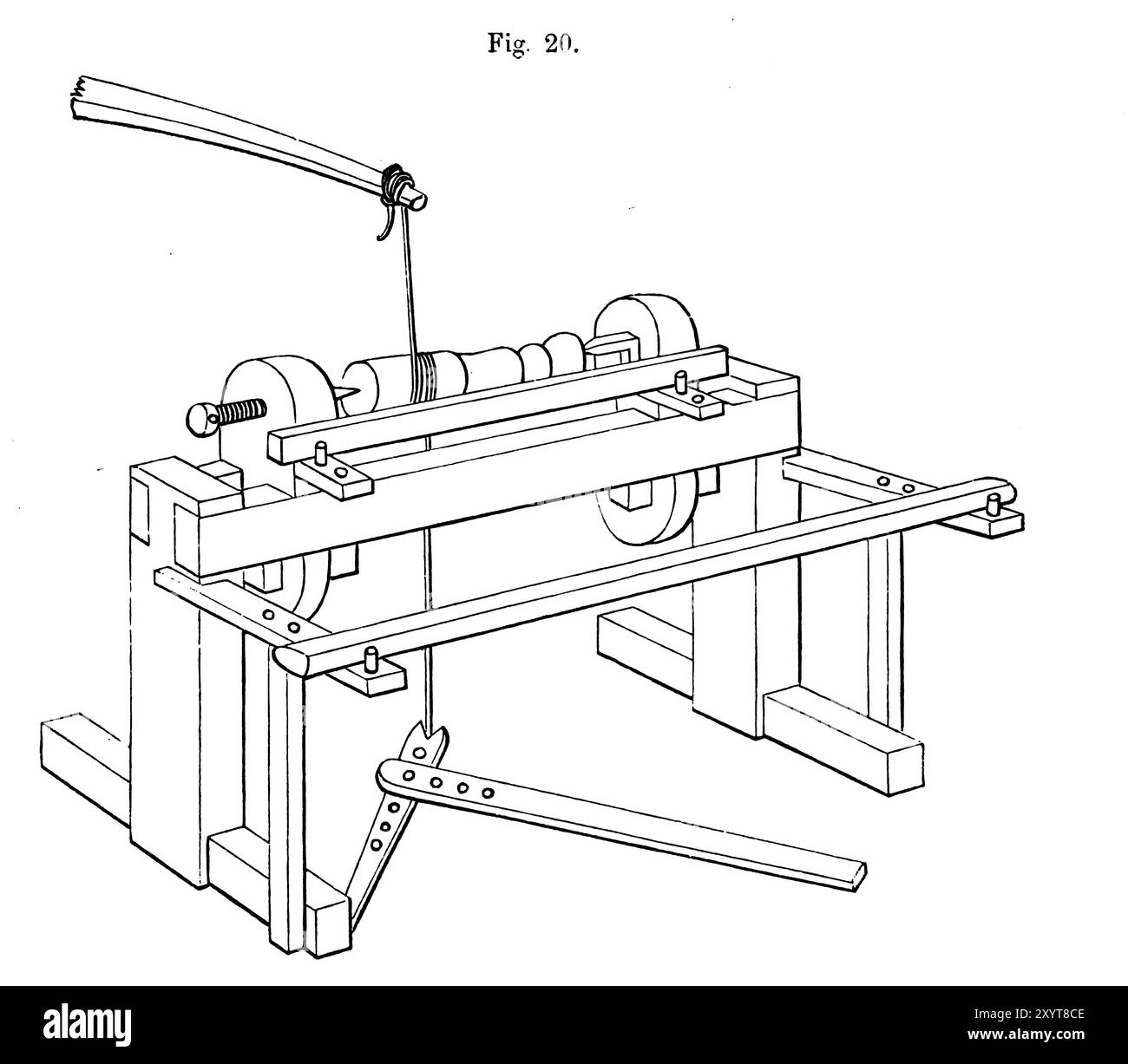Alte Stangendrehmaschine, Illustration. Aus „Drehen und mechanische Manipulation als Werk allgemeiner Referenz und praktischer Unterricht an der Drehmaschine und den verschiedenen mechanischen Verfolgungen gefolgt von Amateuren“, Band 4 von Charles Holtzapffel (1850). Stockfoto