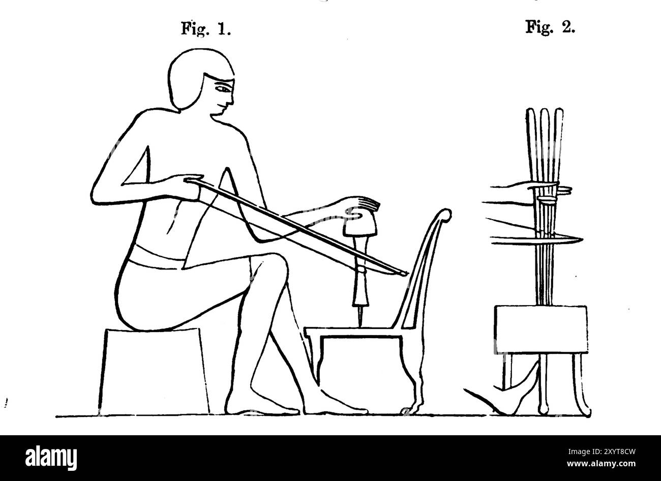Abbildung eines nubischen Denkmals, das deutlich zeigt, dass der Bohrer in einen Holzschacht eingesetzt wird. Aus „Drehen und mechanische Manipulation als Werk allgemeiner Referenz und praktischer Unterricht an der Drehmaschine und den verschiedenen mechanischen Verfolgungen gefolgt von Amateuren“, Band 4 von Charles Holtzapffel (1850). Stockfoto
