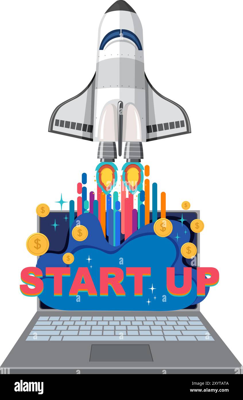 Raketenstart vom Laptop mit Starttext Stock Vektor