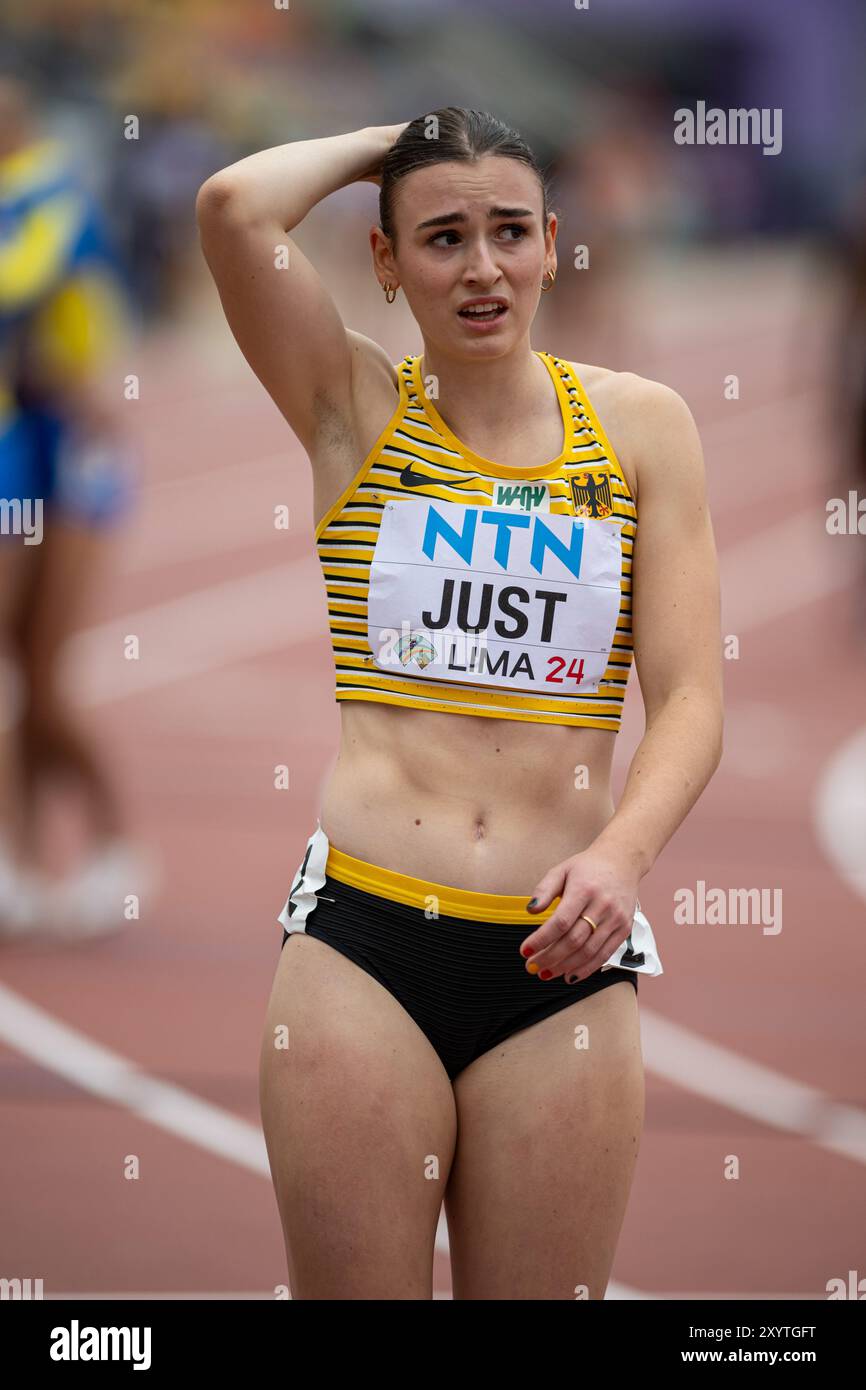 Annika JUST (LAC Passau), DEUTSCHLAND, 4x100m Staffel Frauen PER, Leichtathletik, Leichtathletik, Leichtathletik, Leichtathletik, Leichtathletik, Leichtathletik, U20 Leichtathletik Weltmeisterschaften, 30.08.2024, Foto: Eibner-Pressefoto/Jan Papenfuss Stockfoto