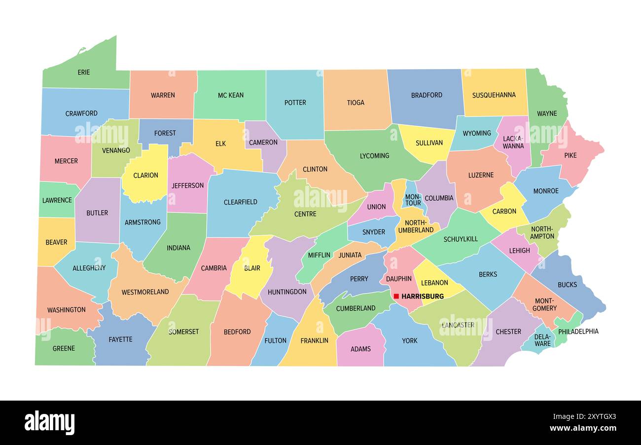 Pennsylvania, US-Bundesstaat, unterteilt in 67 Countys, mehrfarbige politische Karte mit Hauptstadt Harrisburg und Grenzen. Stockfoto