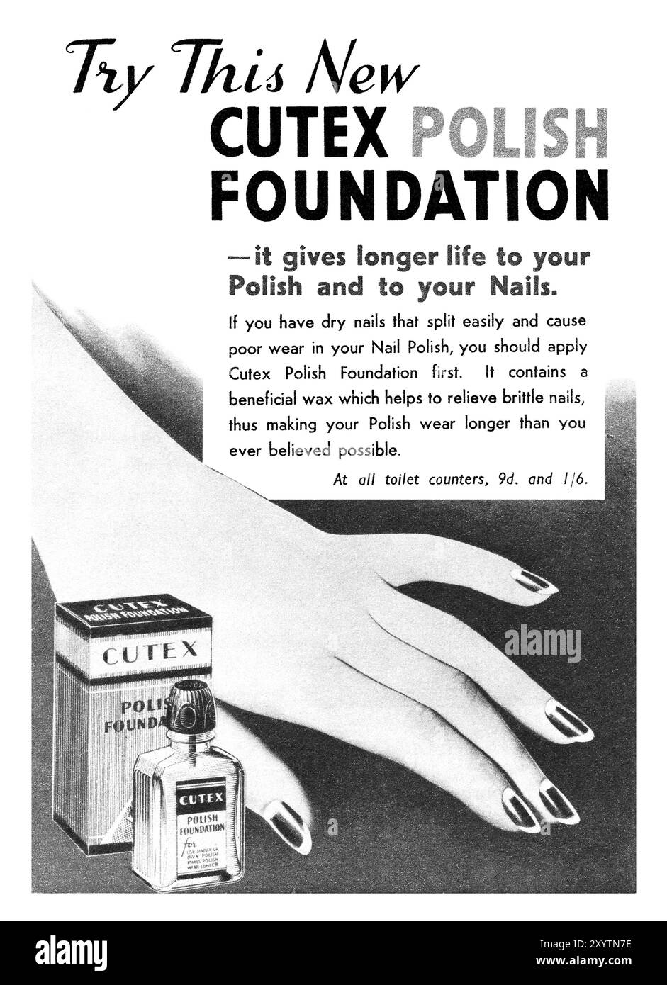 1939 britische Kosmetikwerbung für nagellack-Foundation Cutex. Stockfoto