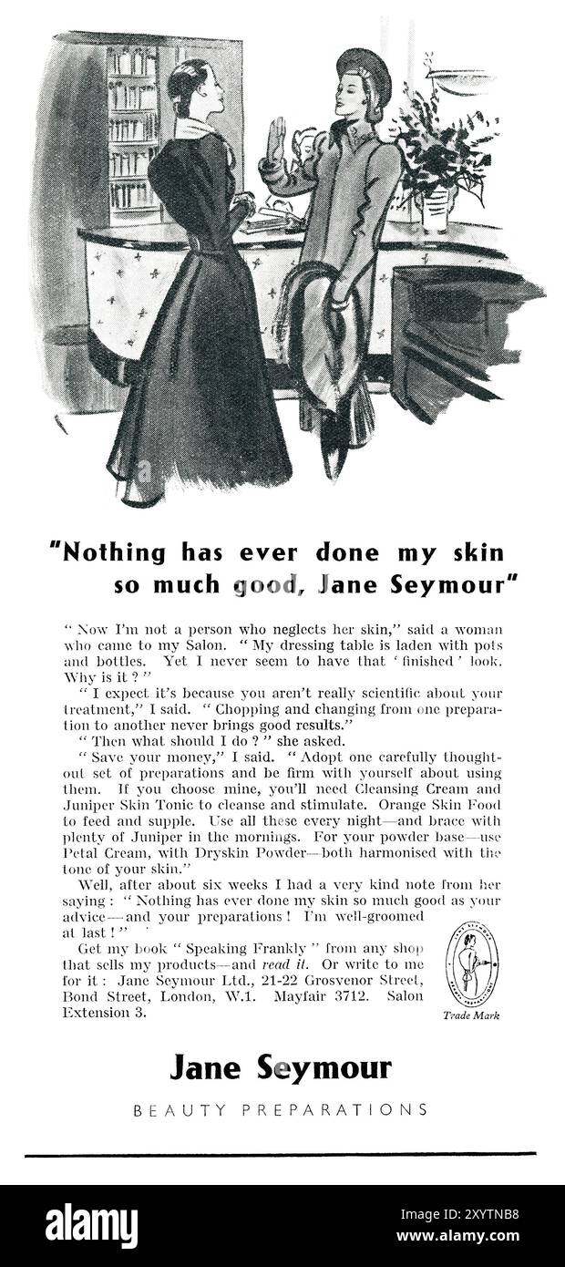 1939 britische Kosmetikwerbung für Jane Seymour Schönheitspräparate. Stockfoto