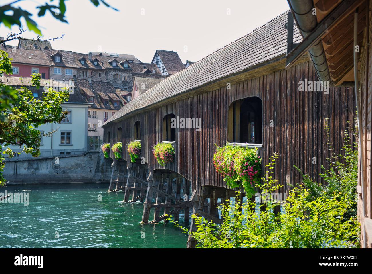 Diessenhofen, historische Holzbrücke über den Rhein *** Diessenhofen, historische Holzbrücke über den Rhein Stockfoto