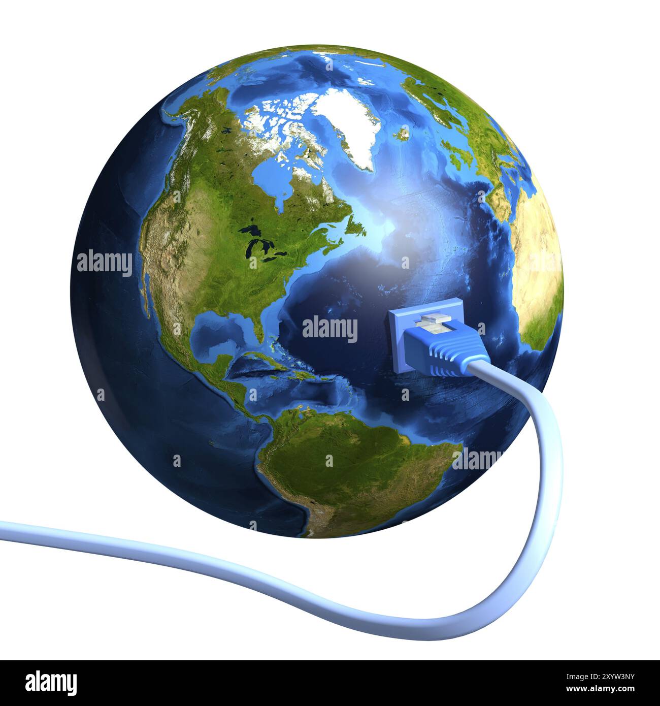 Netzwerkkabel in die Erdkugel gesteckt. Konzeptionelle 3D-Illustration Stockfoto