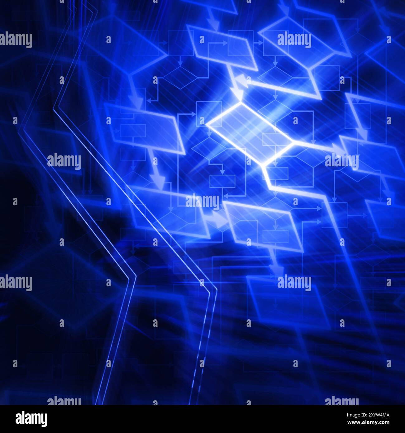 Abstraktes Flussdiagramm für das Glühen. Softwareentwicklung. Computerprogrammalgorithmus. Informationstechnischer konzeptueller Hintergrund in Blau Stockfoto