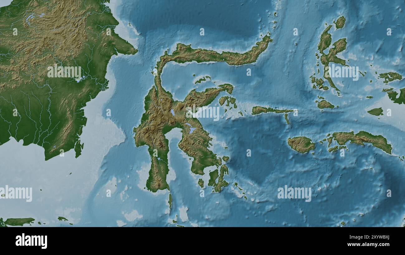 Celebes Island im Java Meer auf einer farbigen Höhenkarte Stockfoto