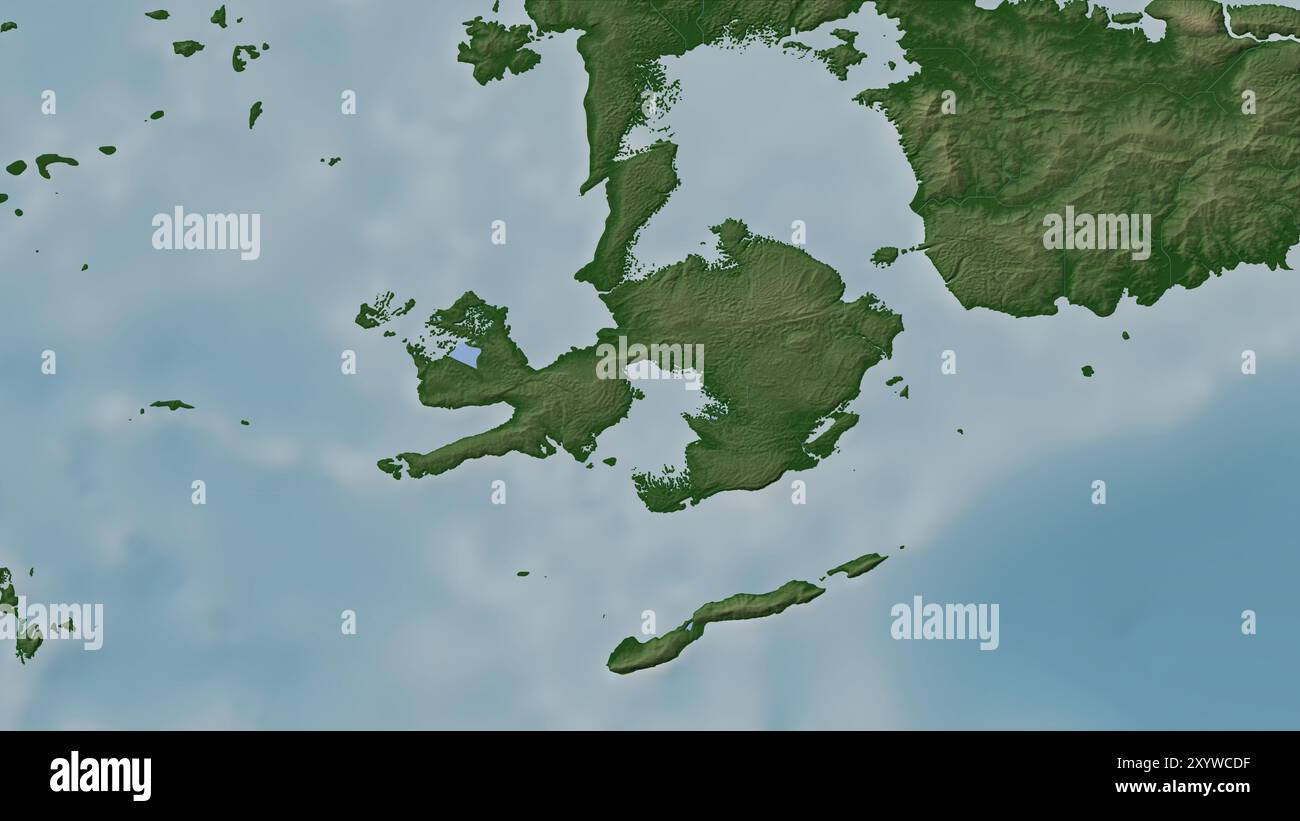 Pulau Gam im Südpazifik auf einer farbigen Höhenkarte Stockfoto