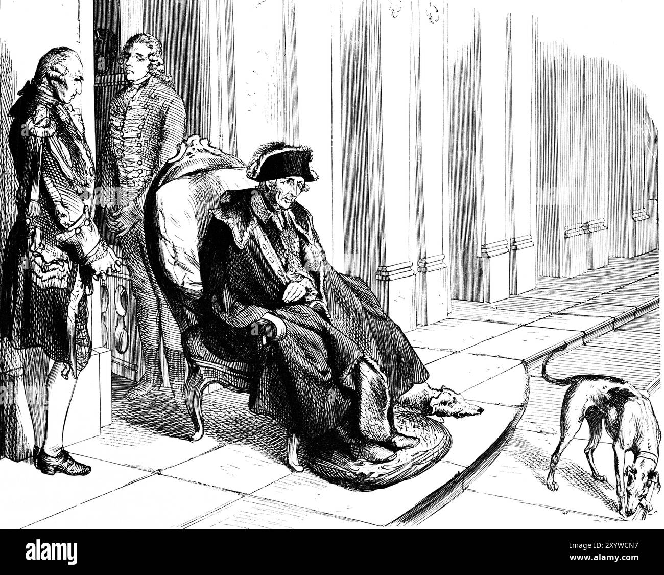 Der alte und kranke König Friedrich II. In seinem Sessel, Schloss Sanssouci, Hohenzollern, Potsdam, Diener, Terrasse, Sessel, Hunde, Preußen, Brandenburg, h Stockfoto