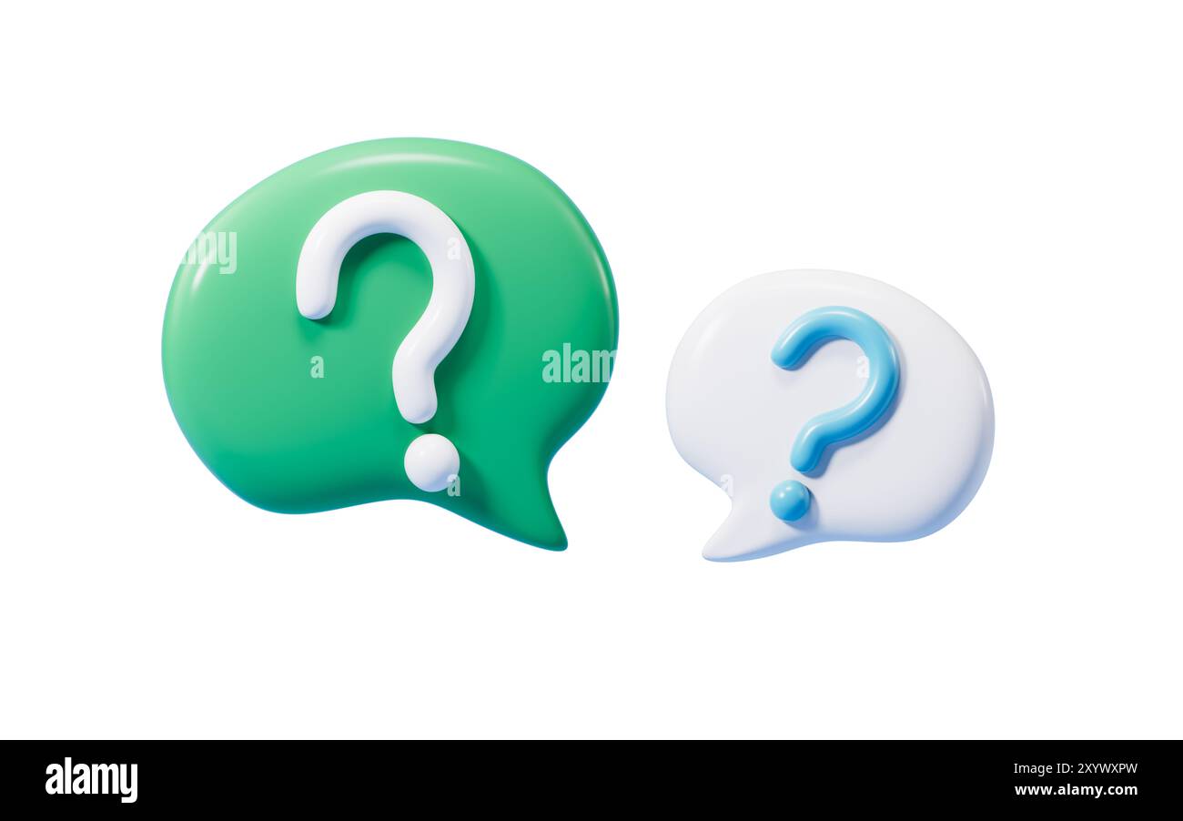 Zeichentrick-Fragezeichen, faq-Problemlösungssymbol, Chat-Symbol, 3D-Rendering. 3D-Abbildung. Stockfoto