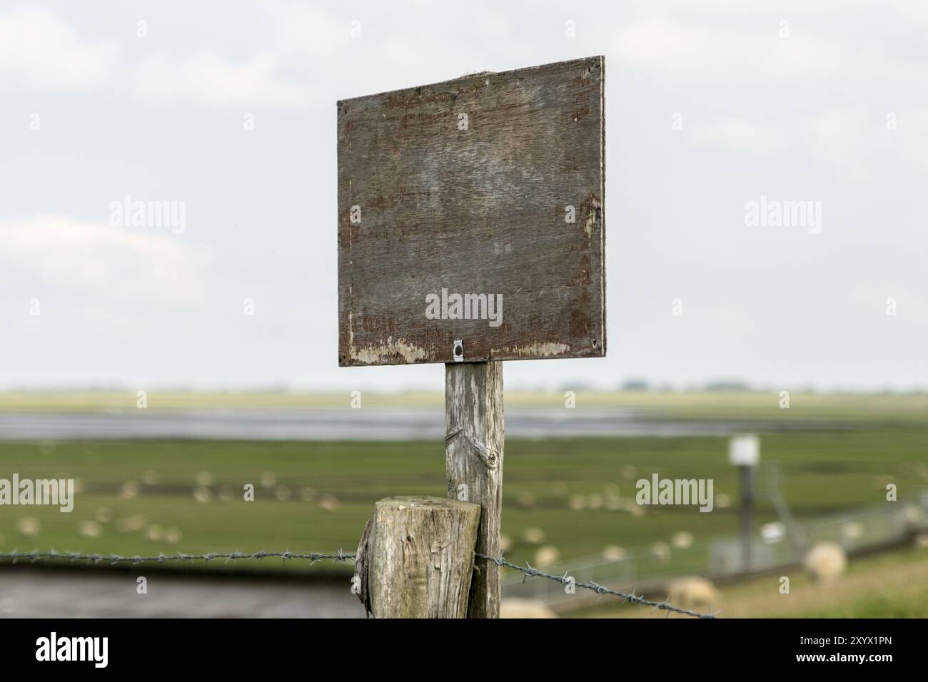 Holzschild auf einem Mast mit Textfeld vor einer norddeutschen Küstenlandschaft Stockfoto
