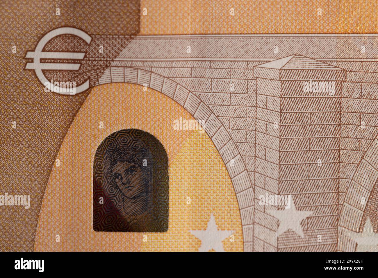 50 Euro der neuen Europäischen Union, Angaben zur 50-Euro-Banknote in orangefarbener Farbe Stockfoto