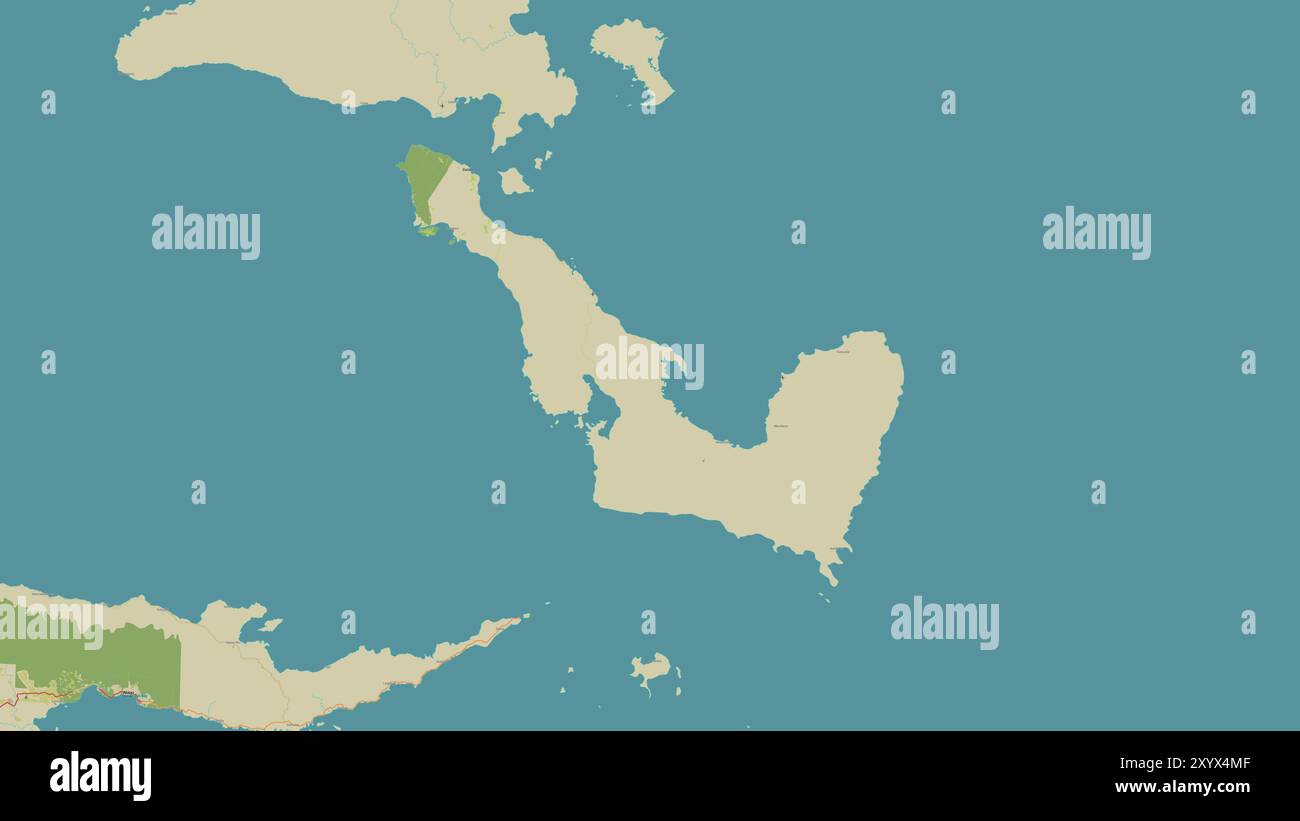 Normanby Island in der Salomonensee auf einer topografischen Karte im humanitären OSM-Stil Stockfoto