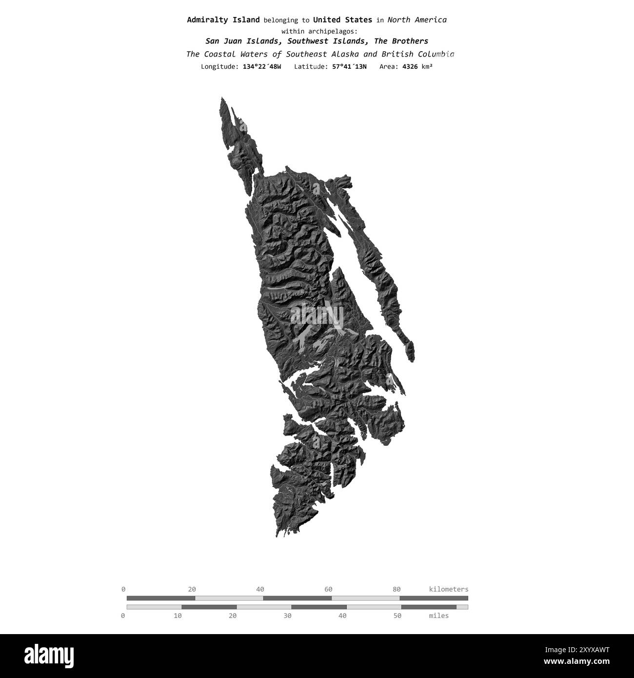 Admiralty Island in den Küstengewässern von Südost-Alaska und British Columbia, die zu den Vereinigten Staaten gehören, isoliert auf einer zweistufigen Höhenkarte, Stockfoto