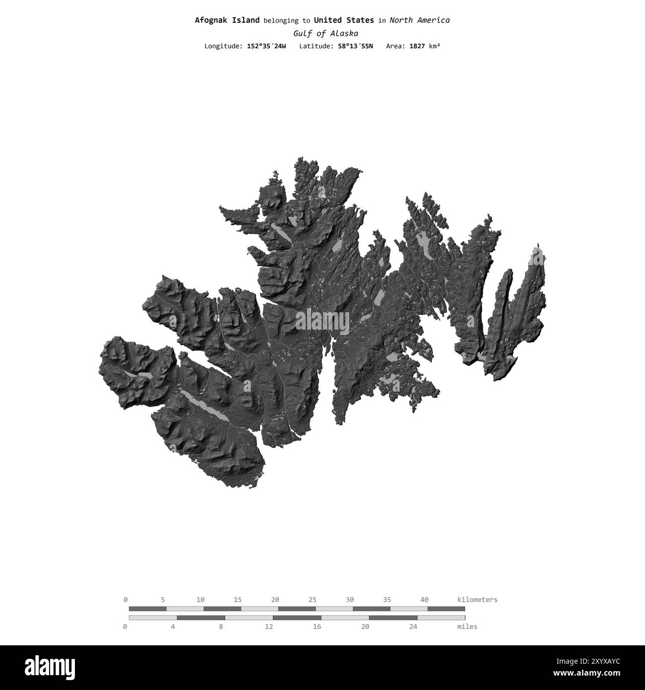 Afognak Island im Golf von Alaska, gehört zu den Vereinigten Staaten, isoliert auf einer zweistufigen Höhenkarte mit Entfernungsskala Stockfoto