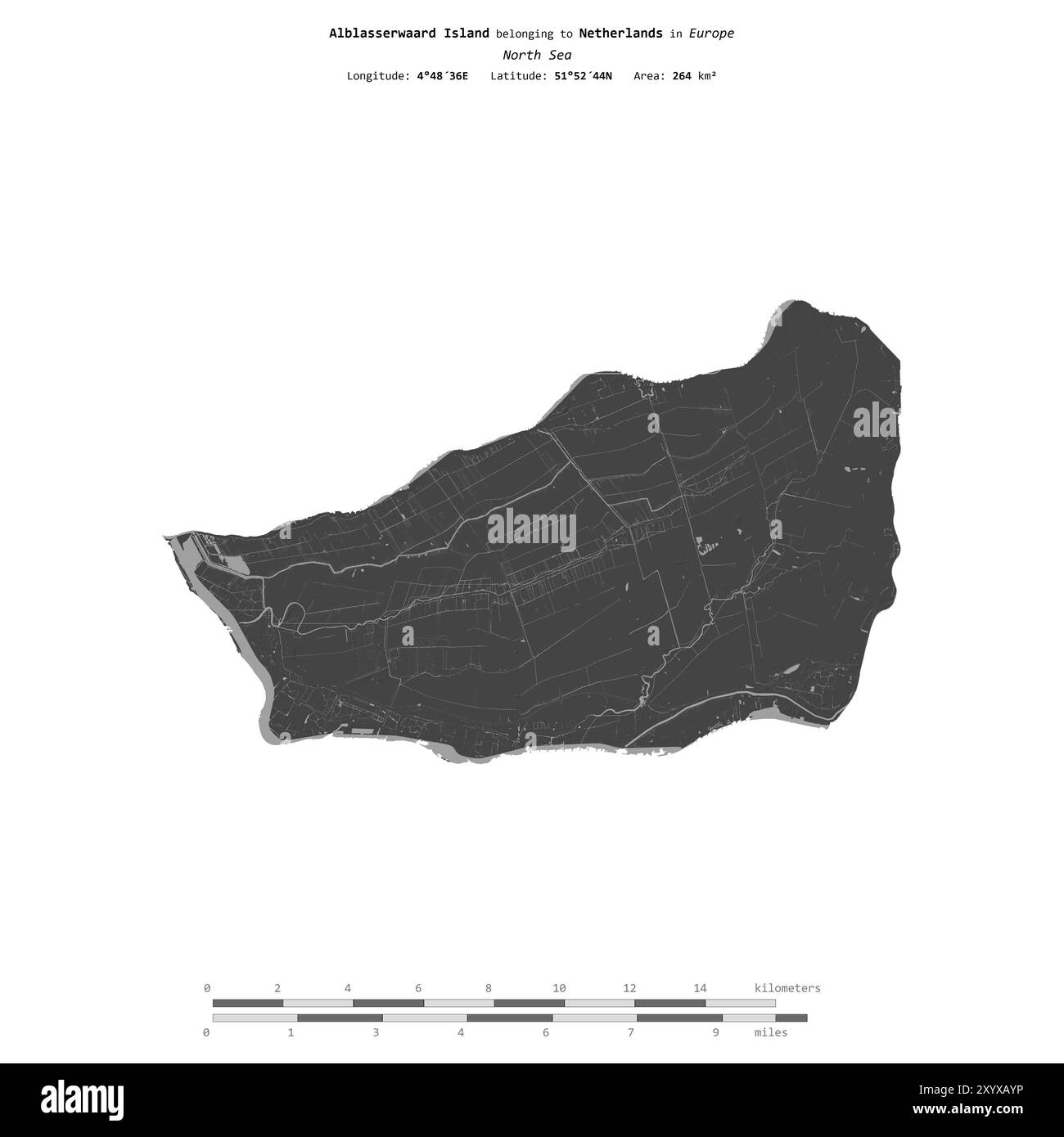 Alblasserwaard Island in der Nordsee, zu den Niederlanden gehört, isoliert auf einer zweistufigen Höhenkarte mit Entfernungsskala Stockfoto