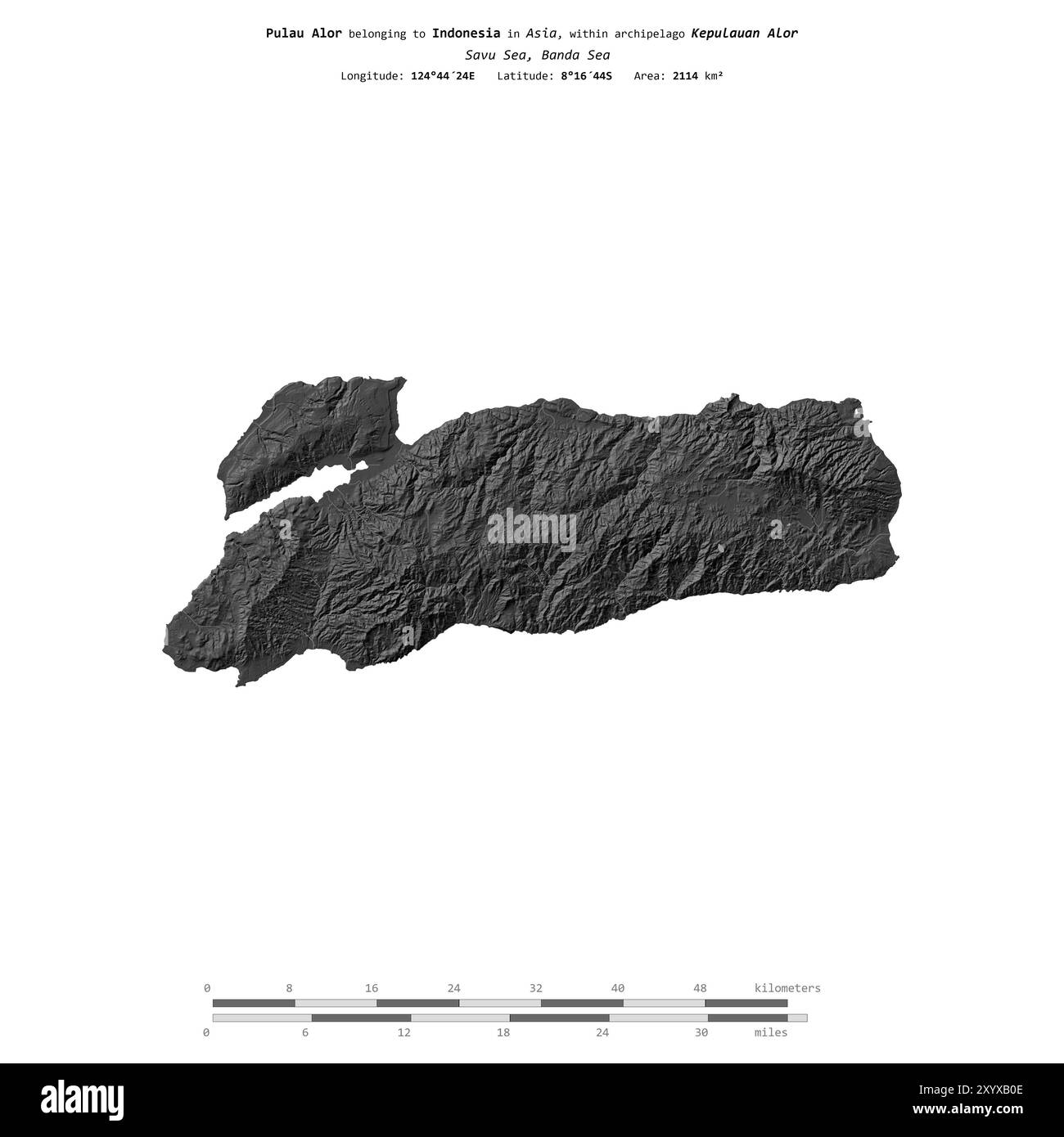 Pulau Alor in der Savu See, gehört zu Indonesien, isoliert auf einer zweistufigen Höhenkarte, mit Entfernungsskala Stockfoto