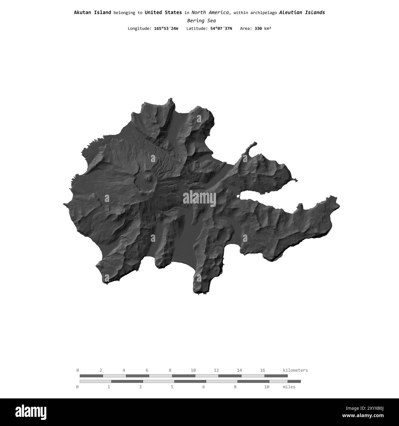 Akutan Island in der Beringsee, die zu den Vereinigten Staaten gehört, isoliert auf einer zweistufigen Höhenkarte mit Entfernungsskala Stockfoto