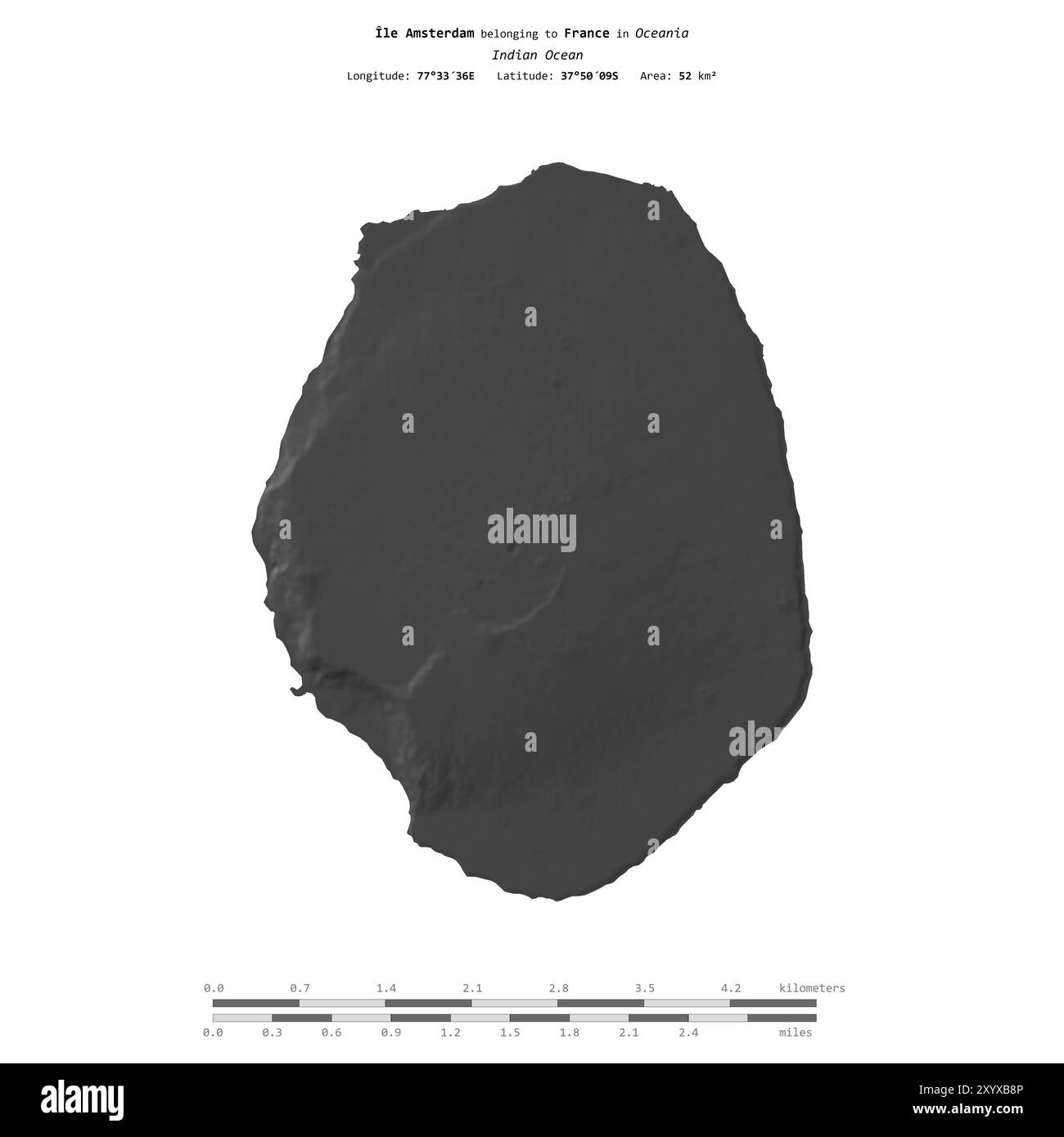 Ile Amsterdam im Indischen Ozean, zu Frankreich gehört, isoliert auf einer zweistufigen Höhenkarte, mit Entfernungsskala Stockfoto
