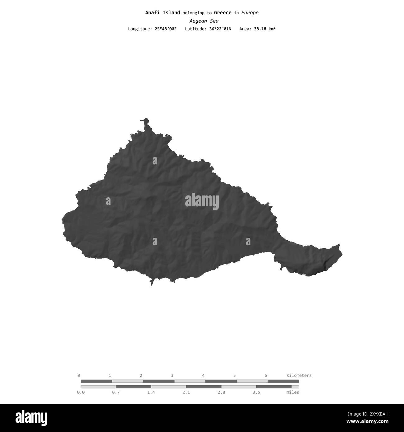 Die Insel Anafi in der Ägäis gehört zu Griechenland, isoliert auf einer zweistufigen Höhenkarte mit Entfernungsskala Stockfoto