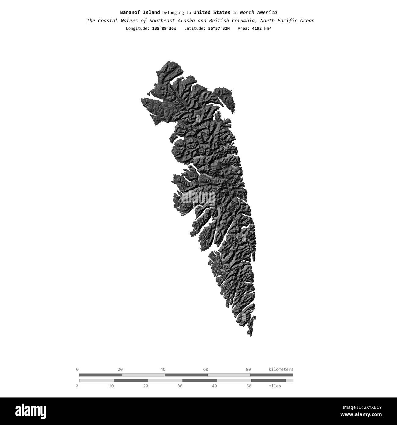 Baranof Island im Nordpazifik, gehört zu den Vereinigten Staaten, isoliert auf einer zweistufigen Höhenkarte mit Entfernungsskala Stockfoto
