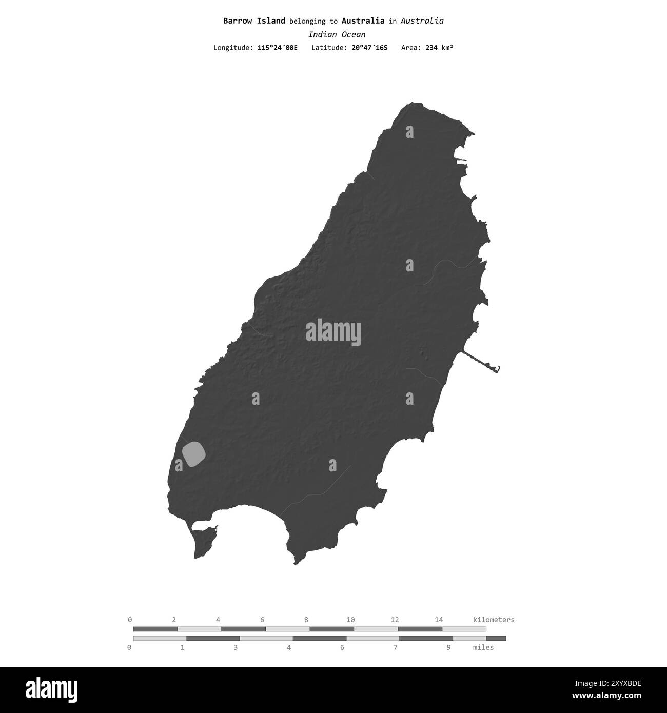 Barrow Island im Indischen Ozean, gehört zu Australien, isoliert auf einer zweistufigen Höhenkarte mit Entfernungsskala Stockfoto