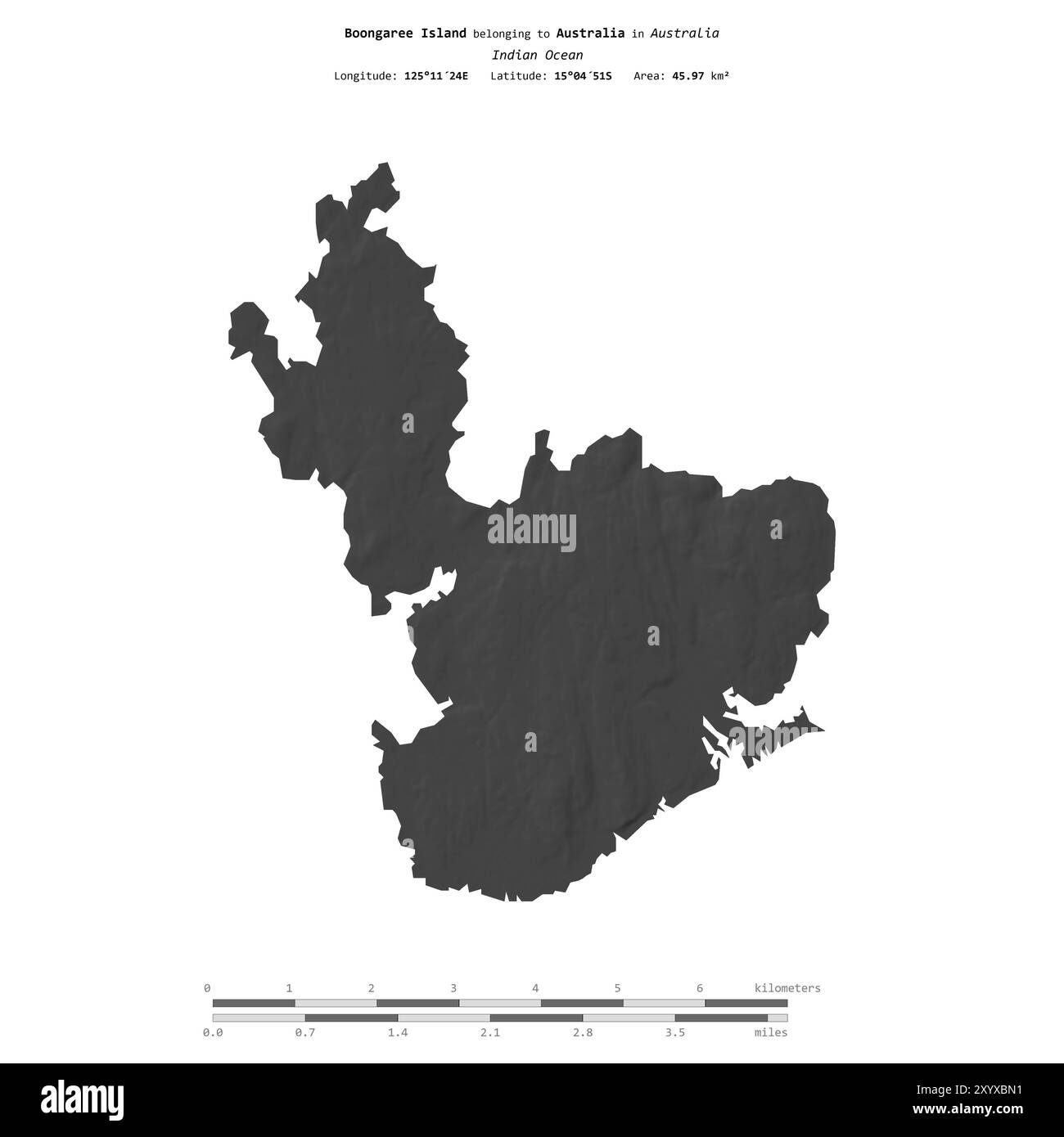 Boongaree Island im Indischen Ozean, gehört zu Australien, isoliert auf einer zweistufigen Höhenkarte mit Entfernungsskala Stockfoto