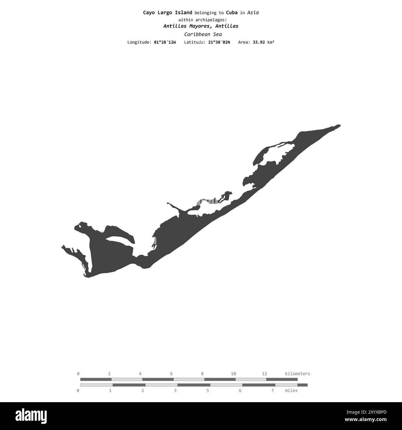 Cayo Largo Island in der Karibik, zu Kuba gehört, isoliert auf einer zweistufigen Höhenkarte mit Entfernungsskala Stockfoto