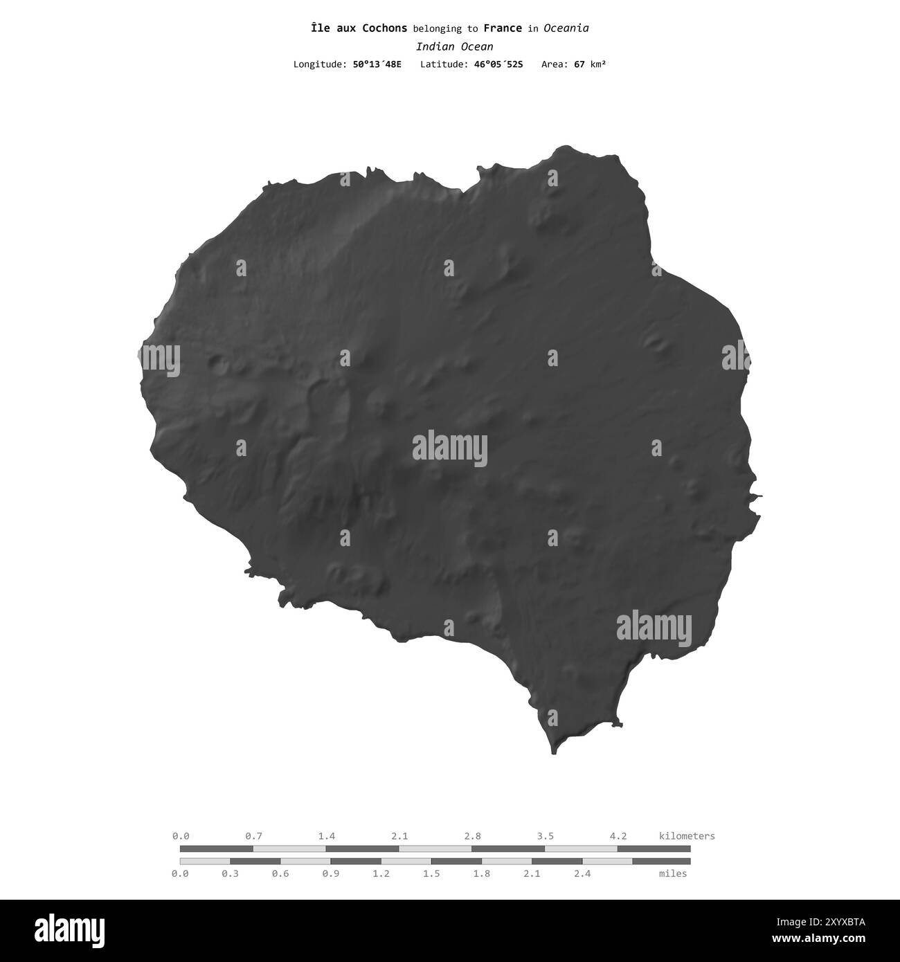 Ile aux Cochons im Indischen Ozean, zu Frankreich gehört, isoliert auf einer zweistufigen Höhenkarte mit Entfernungsskala Stockfoto