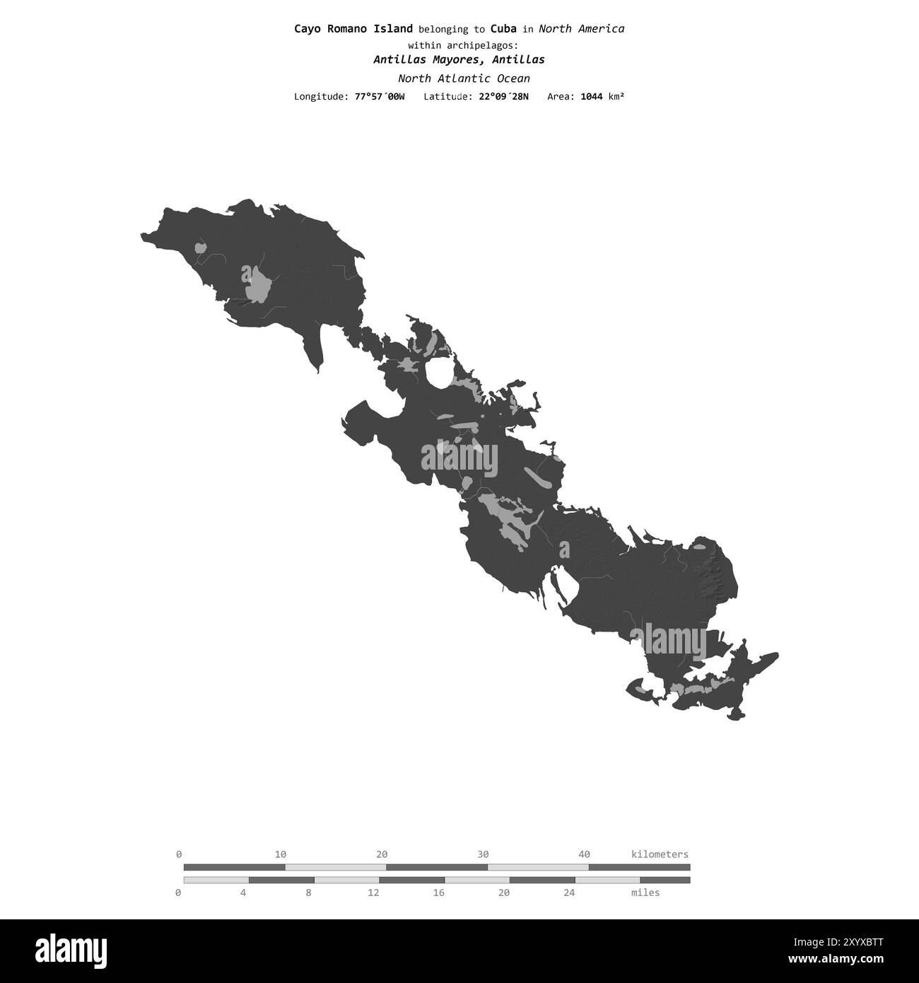 Die Insel Cayo Romano im Nordatlantik gehört zu Kuba, isoliert auf einer zweistufigen Höhenkarte mit Entfernungsskala Stockfoto