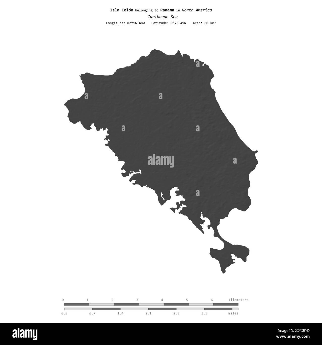 Isla Colon in der Karibik, zu Panama gehört, isoliert auf einer zweistufigen Höhenkarte, mit Entfernungsskala Stockfoto Isla Colon in der Karibik, zu Panama gehört, isoliert auf einer zweistufigen Höhenkarte, mit Entfernungsskala Stockfoto