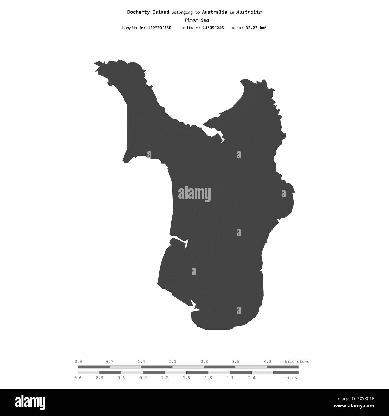 Docherty Island in der Timor-See, zu Australien gehört, isoliert auf einer zweistufigen Höhenkarte mit Entfernungsskala Stockfoto