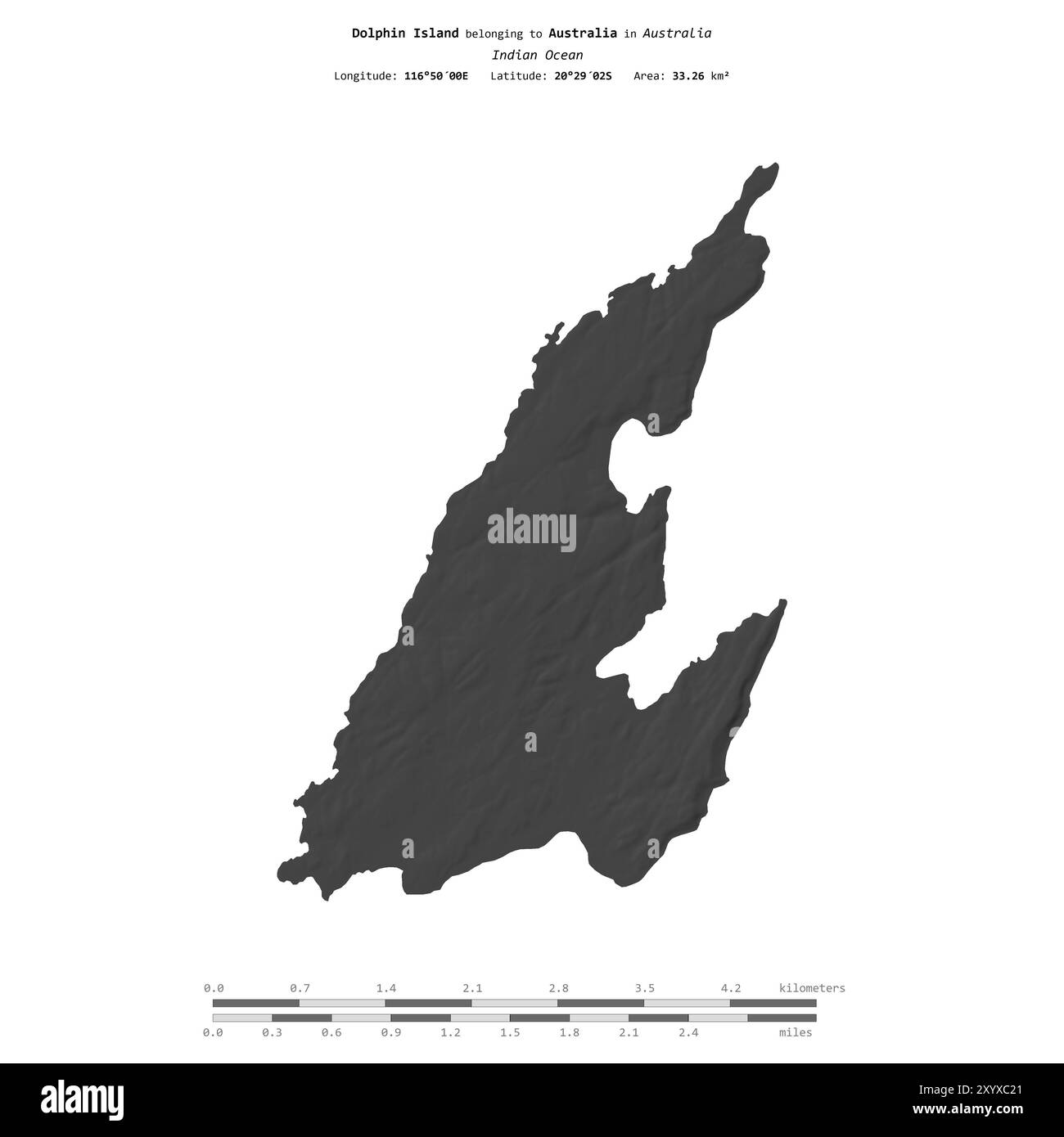 Dolphin Island im Indischen Ozean, zu Australien gehört, isoliert auf einer zweistufigen Höhenkarte mit Entfernungsskala Stockfoto